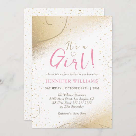 Luxe Goud & Roze Meisje Baby shower Invitation Kaart (Voorkant / Achterkant)