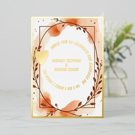 Luxe goud rustieke boho bloemenbruiloft folie uitnodiging (Staand Voorkant)