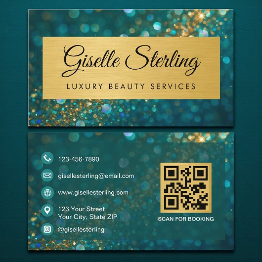 Luxe Goud Teal Opal Glitter QR-code Visitekaartje