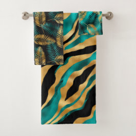 Luxe Goud Teal Tijgerstreep & Tropische Bladeren Bad Handdoek