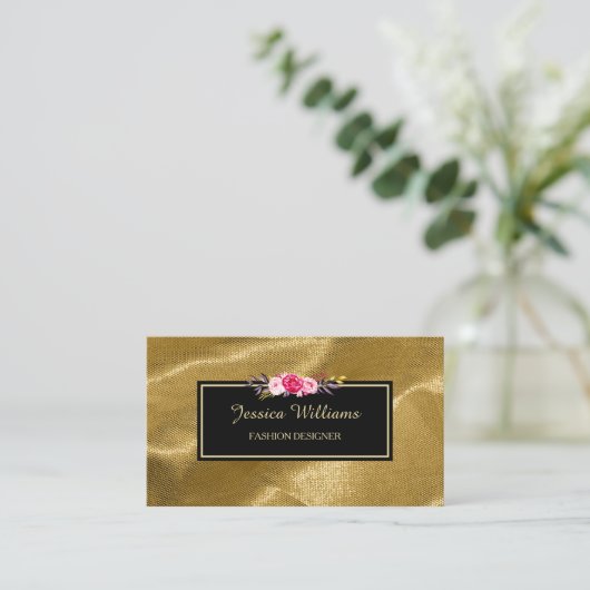 Luxe Goud Textiel Roze Bloemen Mode Designer Visitekaartje (Staand voorkant)