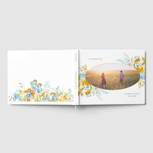 Luxe goud turquoise bloemenbruiloft gastenboek (Volledig)