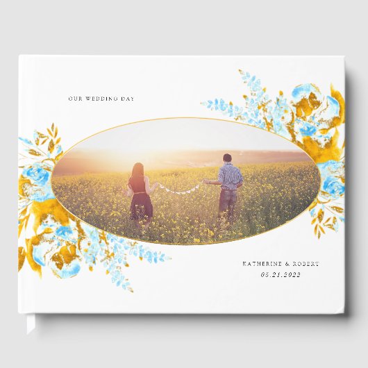 Luxe goud turquoise bloemenbruiloft gastenboek (Voorkant)