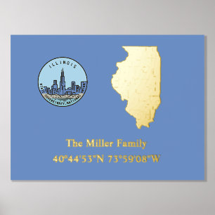 luxe goud US State longitude latitude Illinois Folie Afdrukken