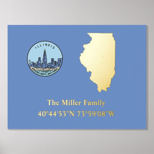 luxe goud US State longitude latitude Illinois Folie Afdrukken (Voorkant)