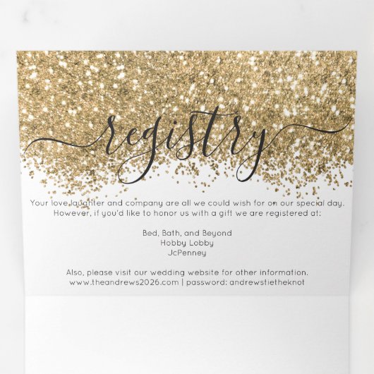 Luxe Goud Wit Glitter Registry Detail RSVP Drieluik Uitnodiging (Binnenzijde eerst)