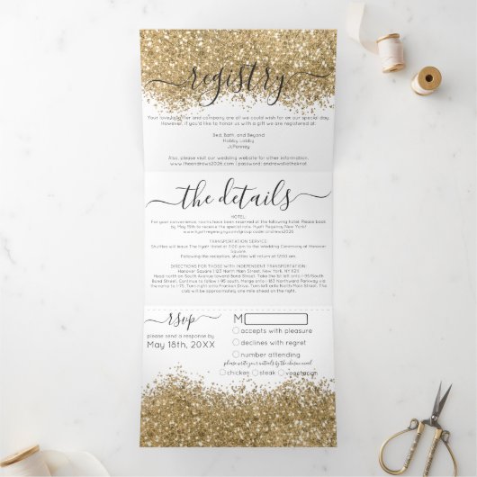 Luxe Goud Wit Glitter Registry Detail RSVP Drieluik Uitnodiging (Binnen)