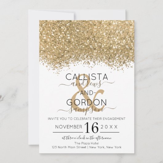 Luxe Goud Witte Glitter Confetti Verlovingsfeestje Kaart (Voorkant)