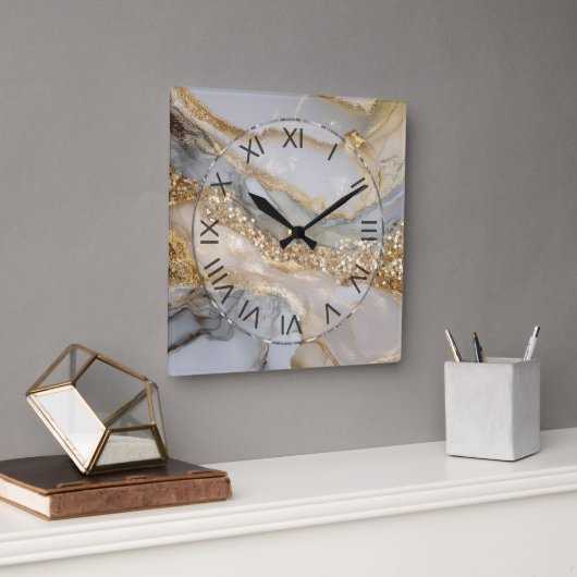 Luxe goud & witte stromende marmer vierkante klok (Kantoor)