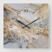 Luxe goud & witte stromende marmer vierkante klok (Voorkant)