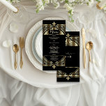 Luxe Goud Zwart Art Deco Roaring 20s Bruiloft Menu<br><div class="desc">Glam, Art Deco Great Gatsby-stijl. Het is voorzien van Art Deco-stijl met faux Gold folie-bedekking, ornamenten en deler, prachtige lettertypen; op de achterzijde: gouden Art Deco-patroon op zwarte achtergrond. Het gebruik past hulpmiddel aan om uw info toe te voegen. Ga naar mijn Glam Royal Gold Black Collectie voor overeenkomende objecten....</div>