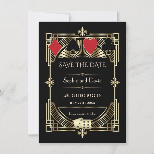 Luxe Goud Zwart Art Deco Roaring 20s Bruiloft Save The Date (Voorkant)