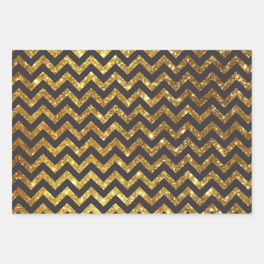 Luxe Goud Zwart Chevron Art Deco Glitter Inpakpapier Vel (Voorkant)