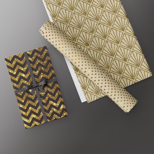 Luxe Goud Zwart Chevron Art Deco Glitter Inpakpapier Vel