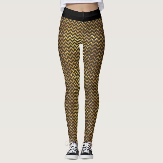 Luxe Goud Zwart Chevron Faux Glitter Glam Leggings (Voorkant)