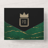 Luxe Goud Zwart Emerald Green Monogram Huwelijk All In One Uitnodiging (Achterkant)