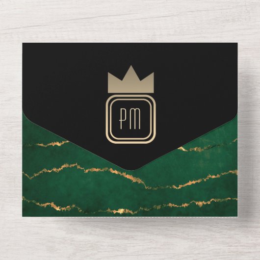 Luxe Goud Zwart Emerald Green Monogram Huwelijk All In One Uitnodiging (Achterkant)