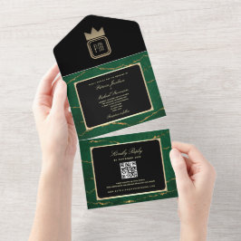 Luxe Goud Zwart Emerald Green Monogram Huwelijk All In One Uitnodiging
