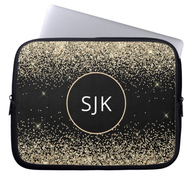 Luxe Goud Zwart Girly Modern Glitter Monogram Laptop Sleeve (Voorkant)