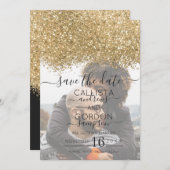 Luxe Goud Zwart Glitter Confetti Foto Bruiloft Save The Date (Voorkant / Achterkant)