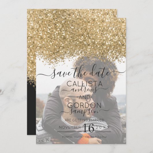 Luxe Goud Zwart Glitter Confetti Foto Bruiloft Save The Date (Voorkant / Achterkant)