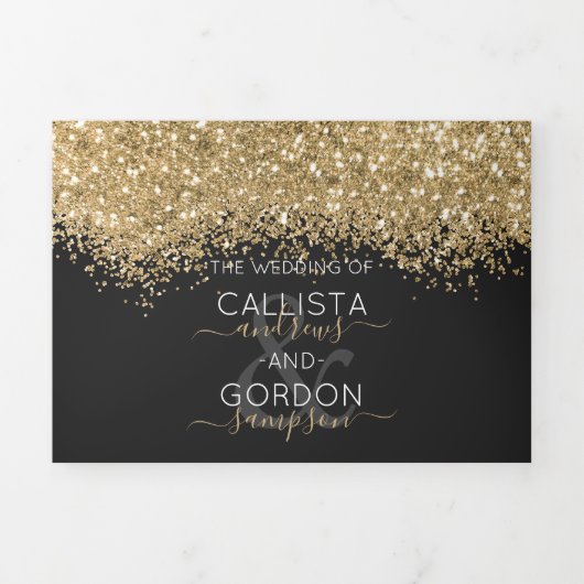 Luxe Goud Zwart Glitter Registry Detail RSVP Drieluik Uitnodiging (Cover)