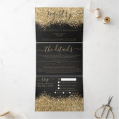 Luxe Goud Zwart Glitter Registry Detail RSVP Drieluik Uitnodiging (Binnen)
