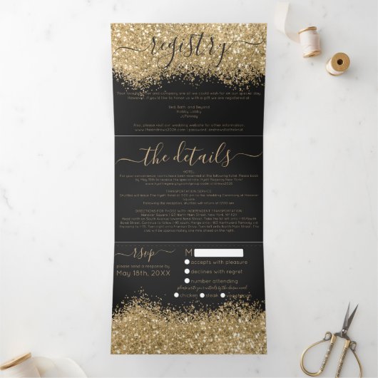 Luxe Goud Zwart Glitter Registry Detail RSVP Drieluik Uitnodiging (Binnen)