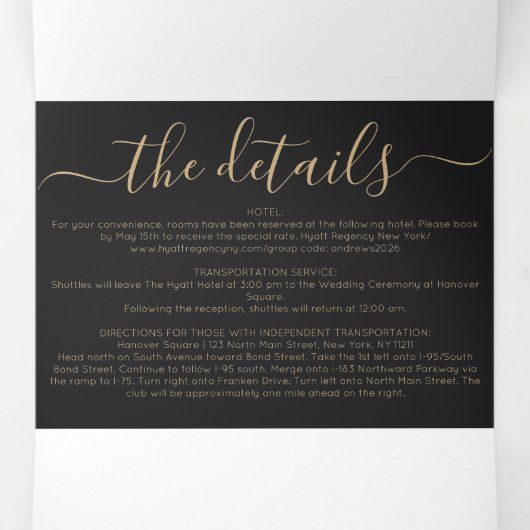 Luxe Goud Zwart Glitter Registry Detail RSVP Drieluik Uitnodiging (Binnenkant midden)