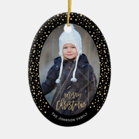 Luxe Goud Zwart Glitter Stippen Foto Kerst Keramisch Ornament (Voorkant)