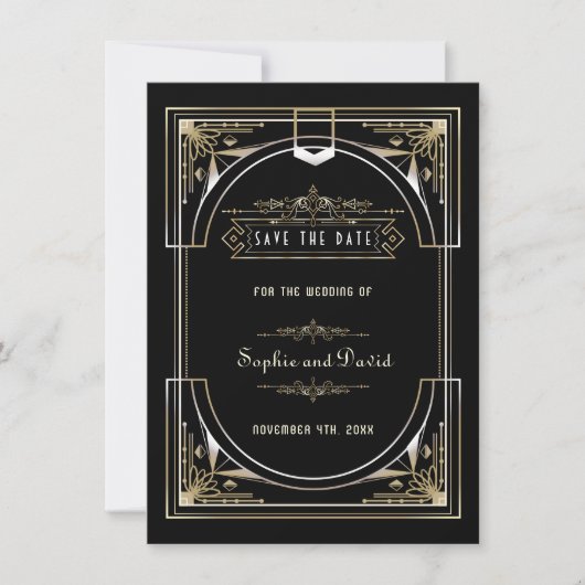 Luxe Goud Zwart Great 20s Stijl Bruiloft Save The Date (Voorkant)