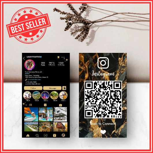LUXE Goud & Zwart Instagram Marmeren Agaat QR Visitekaartje