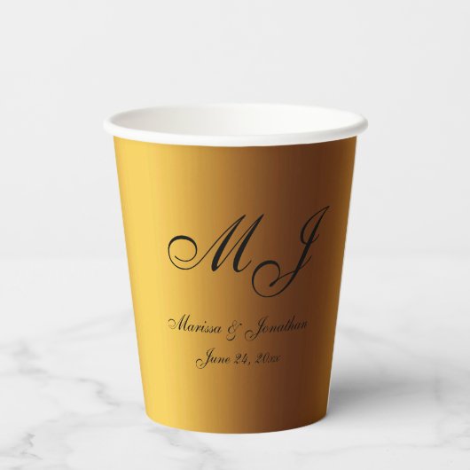Luxe Goud Zwart Monogram Script Bruiloft Papieren Bekers (Achterkant)