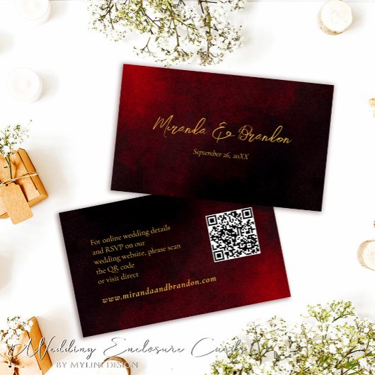 Luxe Goud Zwart Rood QR Code Bruiloft Informatiekaartje