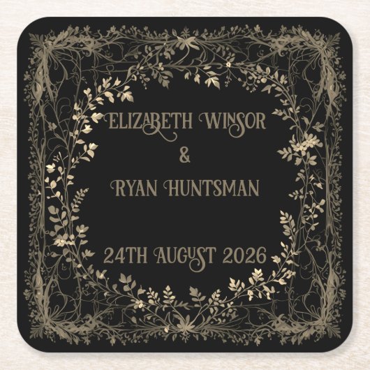 Luxe goud & zwart sepia bloemenafwerking kartonnen onderzetters (Voorkant)
