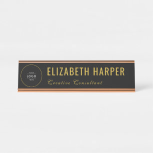 Luxe Goud & Zwart Zakelijk Logo Op Maat Bureau Naambordje