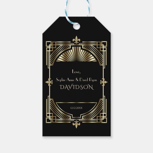 Luxe Goud Zwarte Gatsby Roaring Twenties Bruiloft Cadeaulabel (Voorkant)