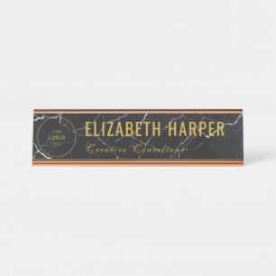 Luxe Goud & Zwarte Marmer Zakelijk Logo Bureau Naambordje