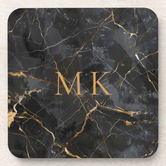 Luxe Gouden Accent Zwart Marmer Monogram Initialen Bier Onderzetter (Voorkant)