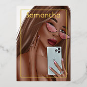 Luxe Gouden Afro-Amerikaanse Vrouw Verjaardag Folie Uitnodiging (Voorkant)