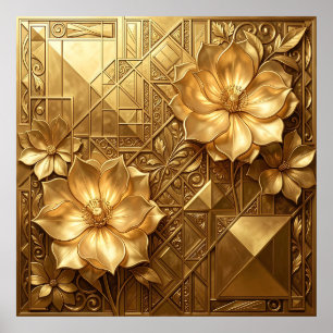 Luxe Gouden Art Deco Bloemmotief met Reliëf Poster