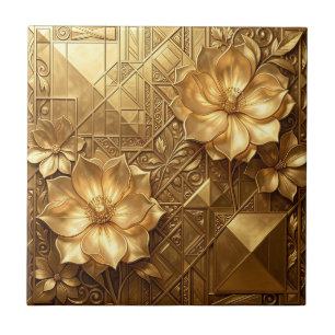 Luxe gouden Art Deco bloemmotief met reliëf Tegeltje