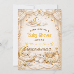 Luxe Gouden Baby Shower Uitnodiging met Teddibeer