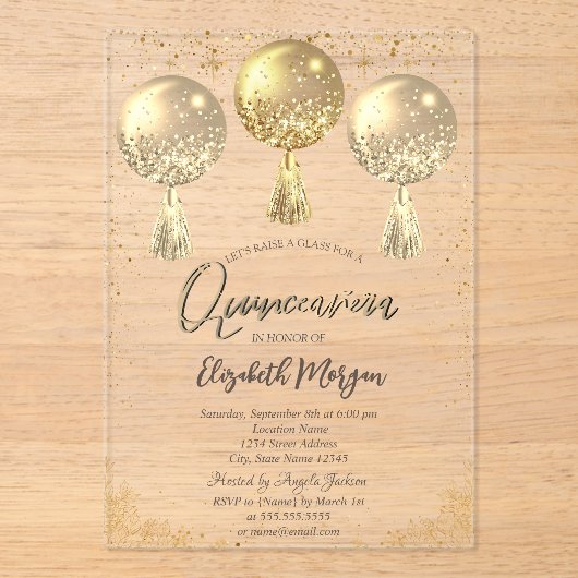 Luxe gouden ballonnen Confetti Stars Quinceañera Acryl Uitnodigingen (Voorkant)