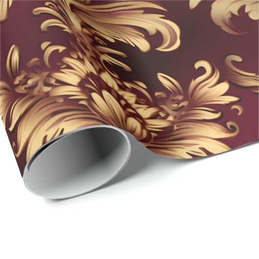 Luxe gouden barok patroon op diepe Bourgogne Cadeaupapier (Rol Hoek)