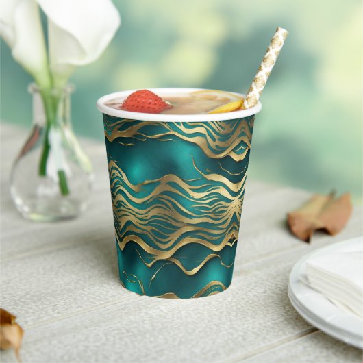 Luxe Gouden Beige Swirl Turquoise Blauwgroen Blauw Papieren Bekers (Insitu)