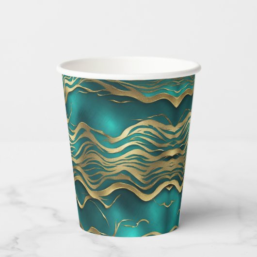 Luxe Gouden Beige Swirl Turquoise Blauwgroen Blauw Papieren Bekers (Achterkant)