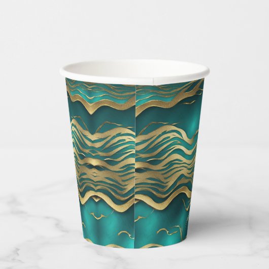 Luxe Gouden Beige Swirl Turquoise Blauwgroen Blauw Papieren Bekers (Rechts)