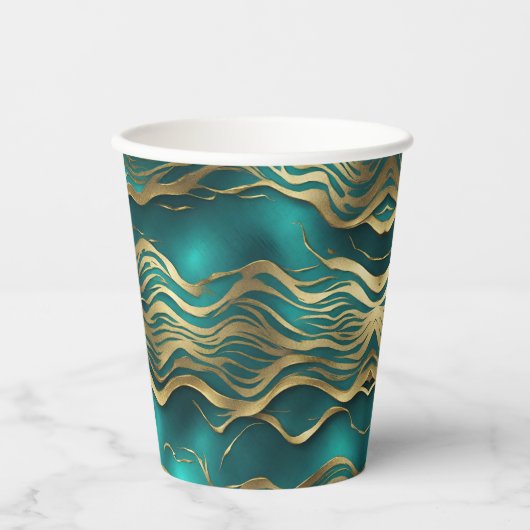 Luxe Gouden Beige Swirl Turquoise Blauwgroen Blauw Papieren Bekers (Voorkant)