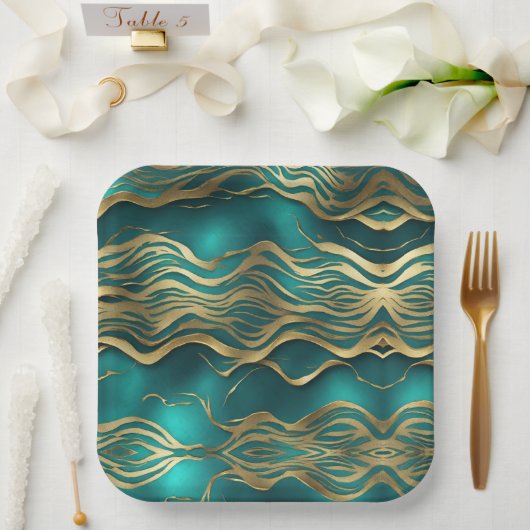 Luxe Gouden Beige Swirl Turquoise Blauwgroen Blauw Papieren Bordje (Huwelijk)